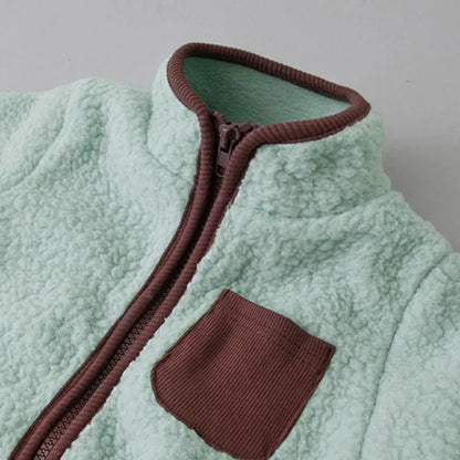 Zip Front Baby Fleece Romper by MILANCEL with Contrast Chest Pocket, Long Sleeve Footless One-Piece Outerwear in Brown, Beige and Green, 3-24M