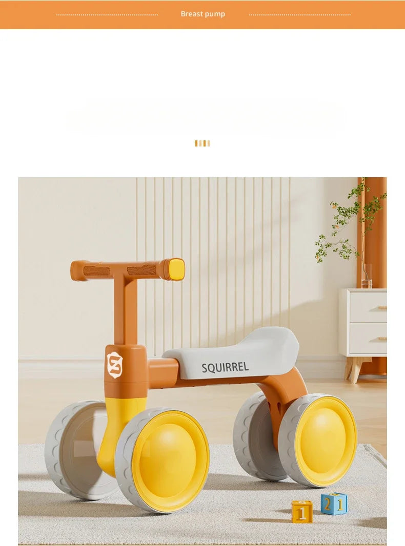 Toddler Four-Wheel Ride-On Bike in Green or Orange with Pedal-Free Design, Straight Handlebars and Shaped Seat for Supervised Play