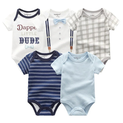 Infant Cotton Bodysuits 5-Pack with Short Sleeves and Envelope Shoulders, Solid Colors and Playful Prints for Baby Boys and Girls, Sizes 3M-12M