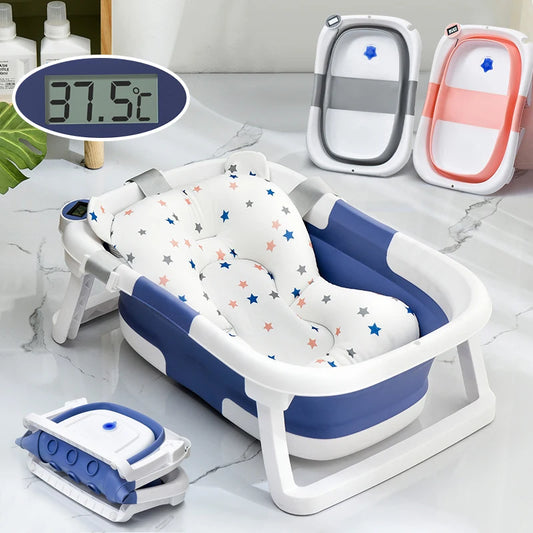 Temperature-Sensing Baby Bathtub with Digital Display, Compact Folding Bath Tub for Supervised Bathing and Small-Bathroom Storage