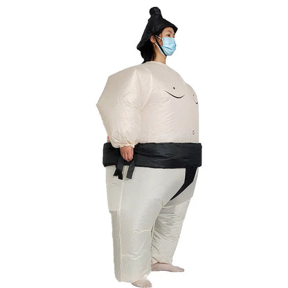 Inflatable Sumo Costume for Kids and Adults, Oversized Wrestler-Style Blow-Up Suit with Colorful Belt Design for Halloween and Cosplay Parties
