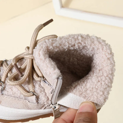 Toddler Plush Ankle Boots with Lace-Up Front, Rubber Soles and Fluffy Trim for Boys and Girls, Beige Black or Pink Cool-Weather Shoes