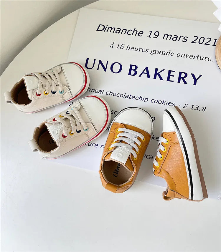 Toddler Colorful Eyelet Sneakers with Lace-Up Front and Contrast Sole Stripe, Beige or Yellow Baby Boys and Girls Casual Spring and Fall Shoes