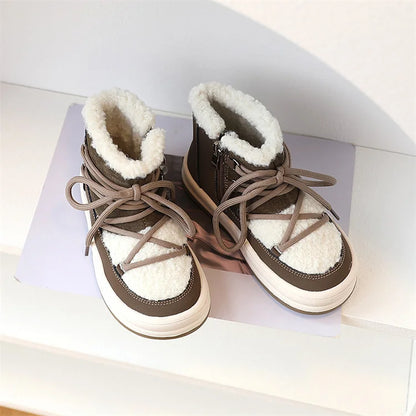 Toddler Fuzzy Trim Ankle Boots with Lace-Up Front and Side Zippers, Plush Winter Styling and Rubber Soles for Boys and Girls, Sizes 21–30