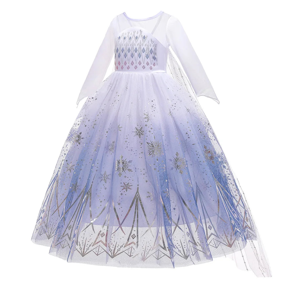 White Snowflake Princess Dress for Girls with Sheer Long Sleeves and Flowing Mesh Skirt, Snow Queen Costume for Birthdays and Halloween
