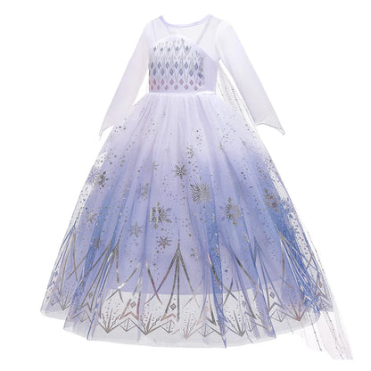 White Snowflake Princess Dress for Girls with Sheer Long Sleeves and Flowing Mesh Skirt, Snow Queen Costume for Birthdays and Halloween