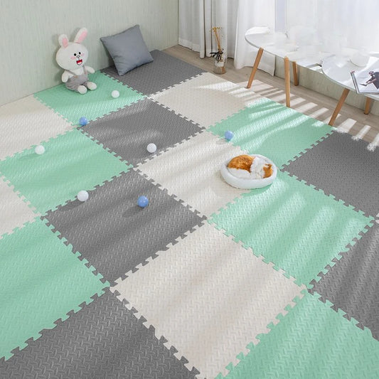 16-Piece EVA Foam Play Mat with 16 Edge Trims, Textured Interlocking 30 cm Puzzle Tiles with 1 cm Padding for Supervised Indoor Floor Play