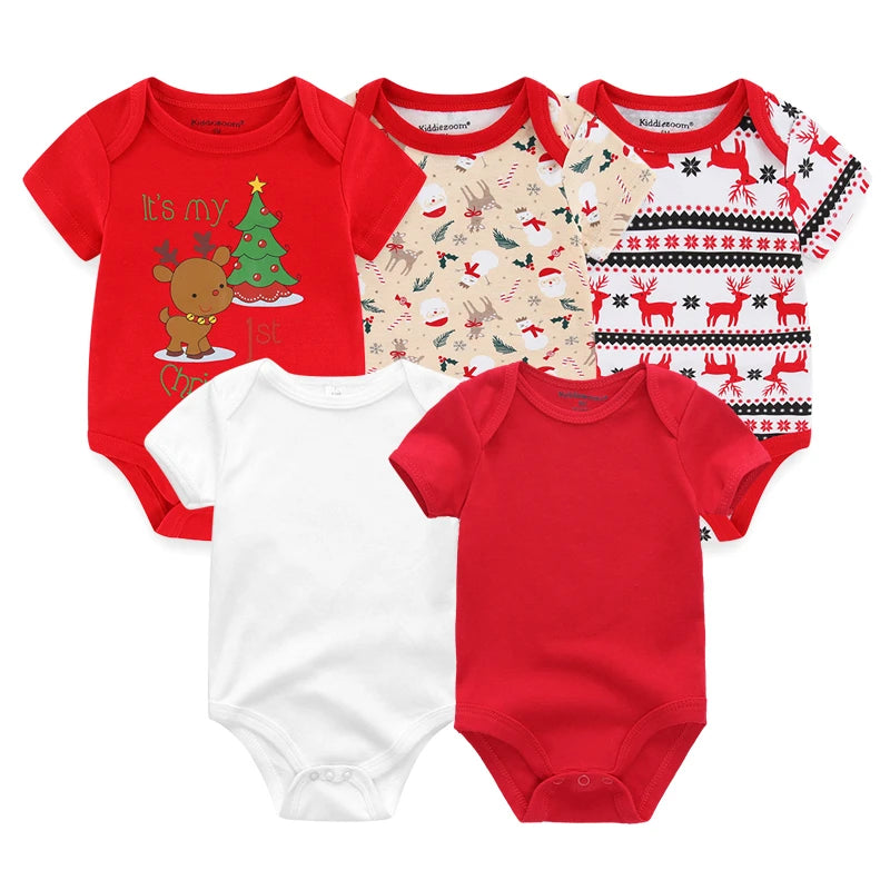 Infant Cotton Bodysuits 5-Pack with Short Sleeves and Envelope Shoulders, Solid Colors and Playful Prints for Baby Boys and Girls, Sizes 3M-12M