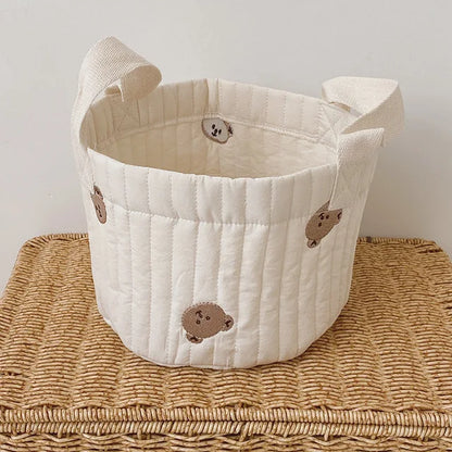 Diaper Storage Basket with Cute Bear Embroidery and Carry Handles, Quilted Nursery Organizer for Newborn Diapers, Toys and Baby Essentials