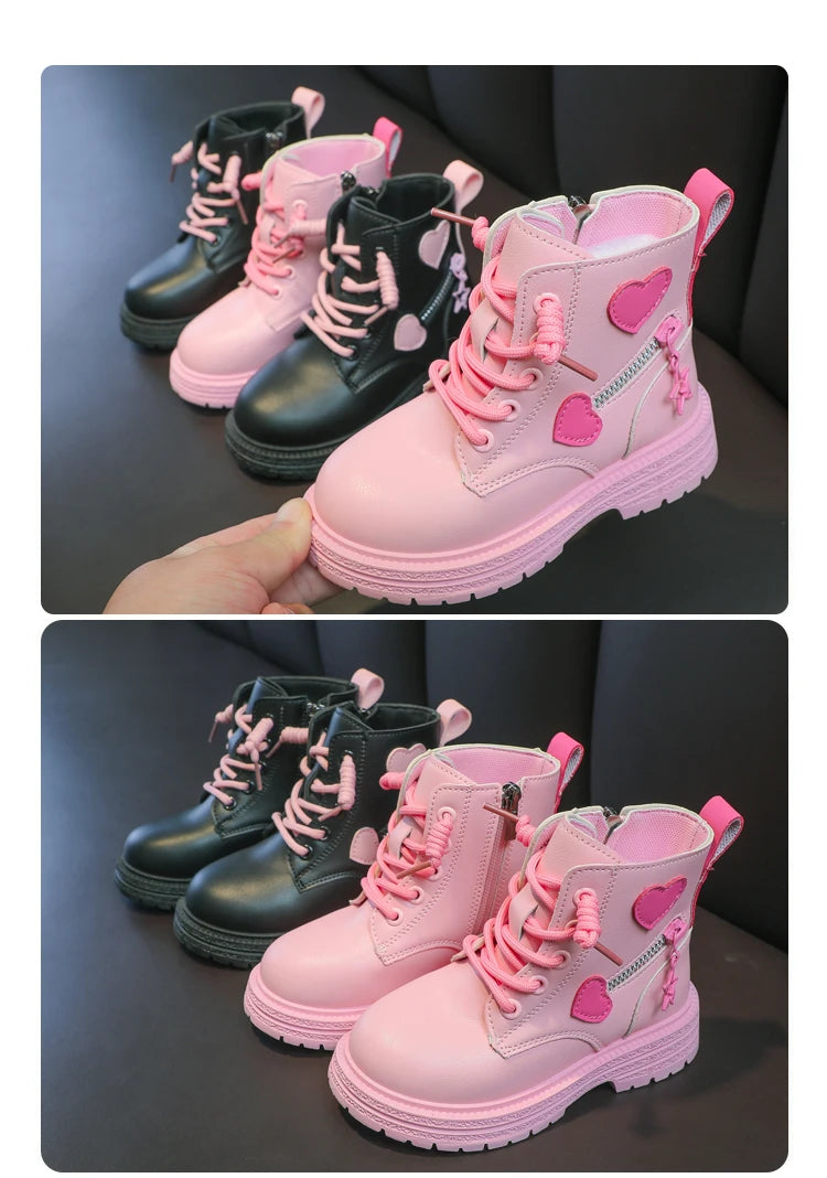 Girls Heart Ankle Boots with Lace-Up Front, Side Zipper and Star Accents, Pink or Black Fashion Shoes with Optional Plush Lining, Sizes 26–37