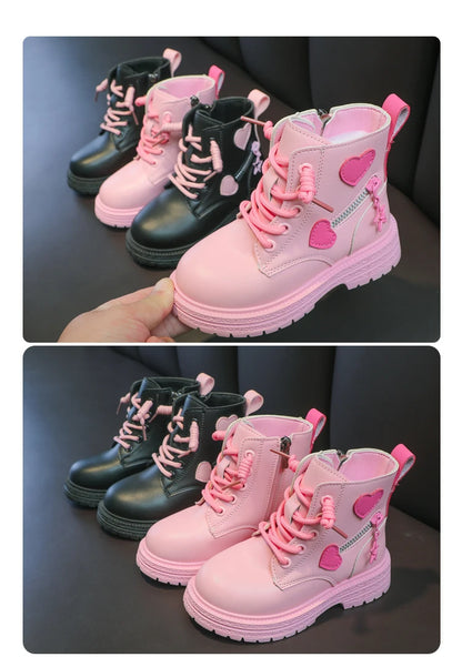 Girls Heart Ankle Boots with Lace-Up Front, Side Zipper and Star Accents, Pink or Black Fashion Shoes with Optional Plush Lining, Sizes 26–37