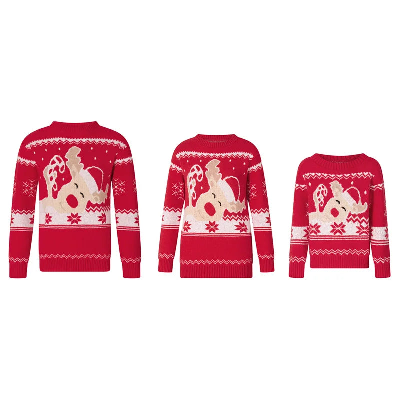 Reindeer Family Christmas Sweaters in Red or Green, Matching Mom Dad and Kids Long Sleeve Crewneck Pullovers for Holiday Photos and Parties