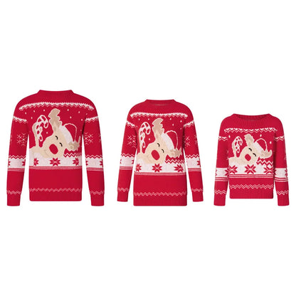Reindeer Family Christmas Sweaters in Red or Green, Matching Mom Dad and Kids Long Sleeve Crewneck Pullovers for Holiday Photos and Parties