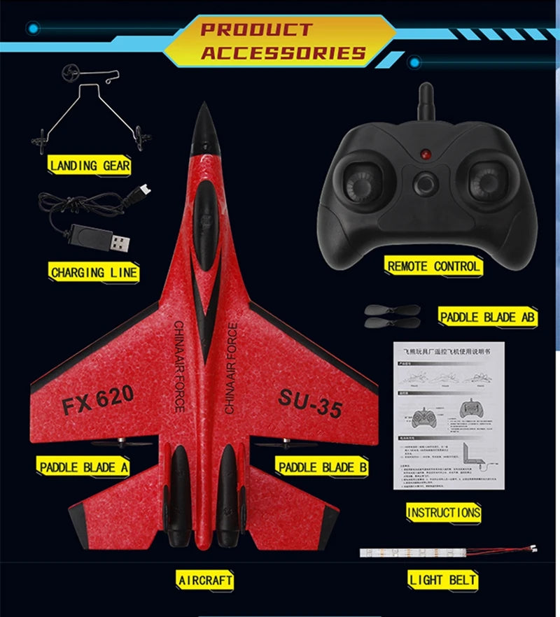 RC Airplane SU35 Fighter, Oike EPP Foam Plane with 2.4 GHz Control, Gyroscope and LED Lights for Outdoor Flying, One or Two Battery Options