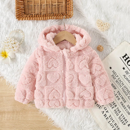 Baby Girl Fleece Zip-Up Jacket with Hood, Pink Heart or Bear Style Toddler Outerwear for Spring and Fall, Sizes 6-9M through 2-3Y