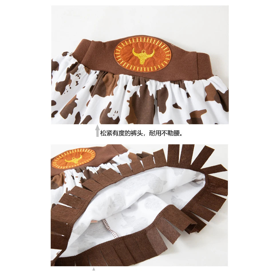 Girls Cowgirl Costume Set with Brown Fringe Vest, Cow-Print Skirt, Hat and Bandana, Western Dress-Up Outfit for Halloween and Birthday Parties