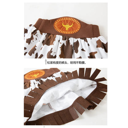 Girls Cowgirl Costume Set with Brown Fringe Vest, Cow-Print Skirt, Hat and Bandana, Western Dress-Up Outfit for Halloween and Birthday Parties