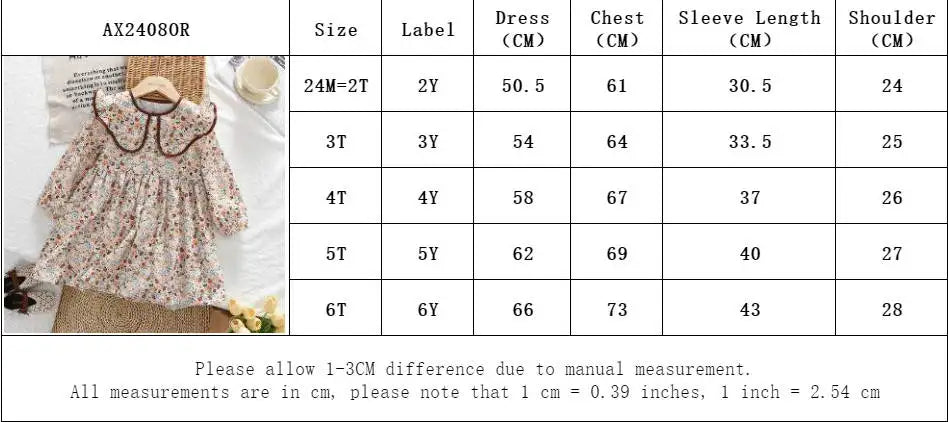 Toddler Girls Floral Dress with Oversized Collar and Long Sleeves, Bear Leader Outfit in Sizes 2T–6T for Spring, Fall and Family Photos