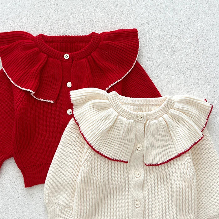 Contrast-Trim Ruffle Collar Baby Girl Cardigan Styles with Button Front and Long Sleeves, Infant and Toddler Knit Sweater Options in Sizes 3M-3T