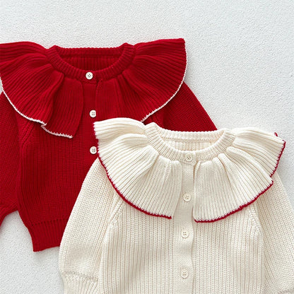 Contrast-Trim Ruffle Collar Baby Girl Cardigan Styles with Button Front and Long Sleeves, Infant and Toddler Knit Sweater Options in Sizes 3M-3T
