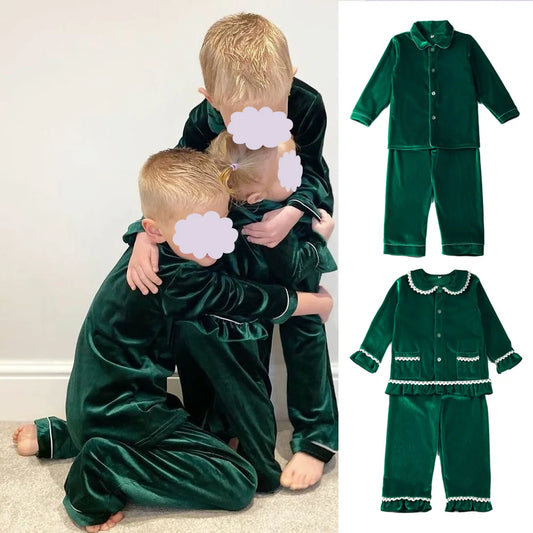 Velvet Family Christmas Pajamas with Button-Front and Ruffle-Trim Sets, Red Green or Navy Holiday Outfits and Dresses for Babies, Kids and Adults