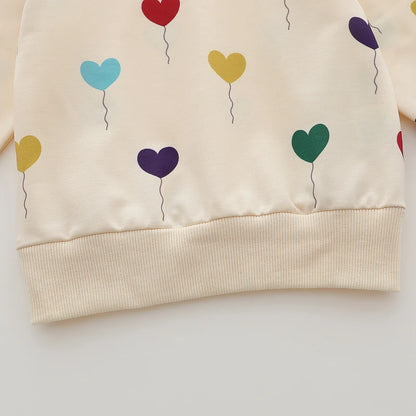 Heart Print Baby Outfit Set with Beige Long Sleeve Crewneck Top and Matching Cuffed Pants, Two-Piece Casual Clothing for Spring and Fall, 3-24M
