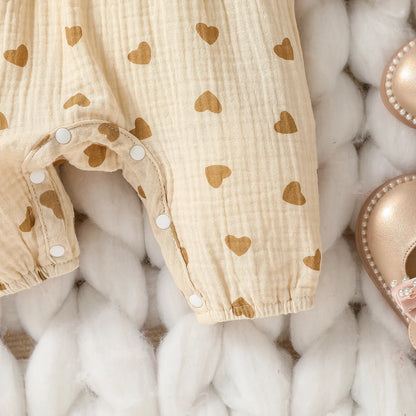 Baby Girl Heart Print Romper with Shoulder Ruffles and Bow Details, Long Sleeve Cotton Jumpsuit with Inner-Leg Snaps, Sizes 0-6 Months