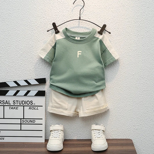Baby Boys Colorblock T-Shirt and Pocket Shorts Set with Letter F Print, Two-Piece Cotton Summer Outfit for Infants and Toddlers, 9M–5T