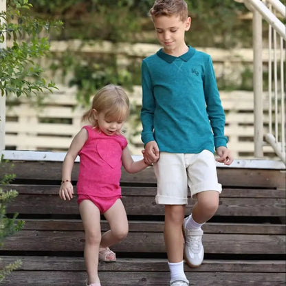 Rose Pink and Blue Kids Coordinated Outfits, Girls Dress, Boys Tops and Baby Set or Footie Options for Sibling Photos and Family Visits