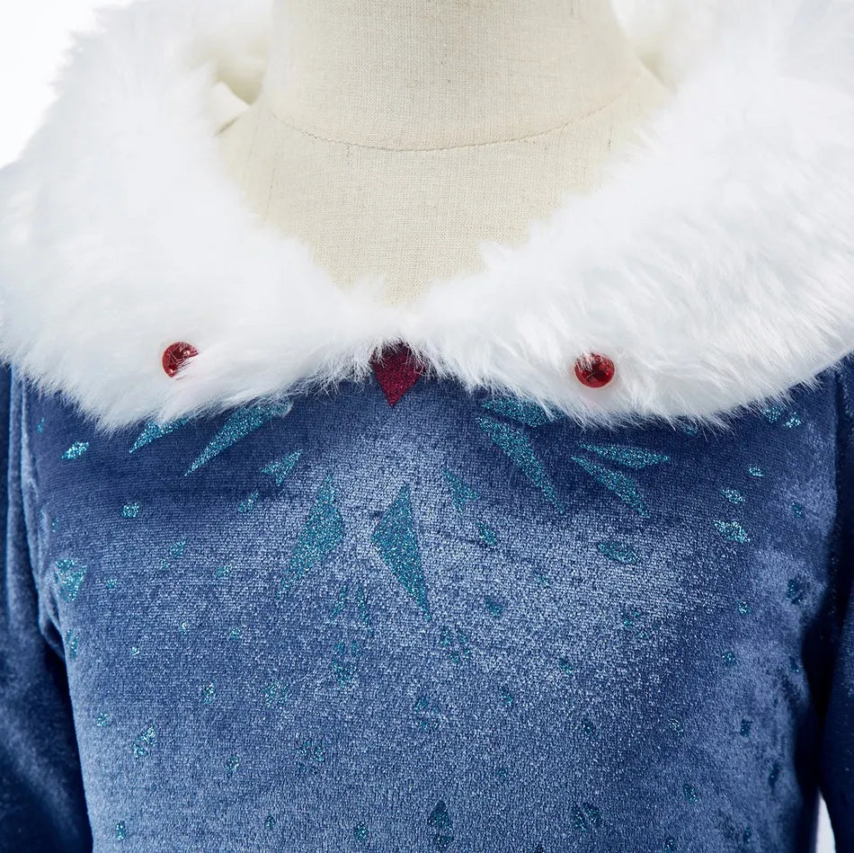Girls Ice Princess Costume Dress with Long Sleeves, Fluffy Collar and Snowflake Cape, Blue Snow Queen Outfit for Birthdays and Halloween