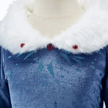 Girls Ice Princess Costume Dress with Long Sleeves, Fluffy Collar and Snowflake Cape, Blue Snow Queen Outfit for Birthdays and Halloween