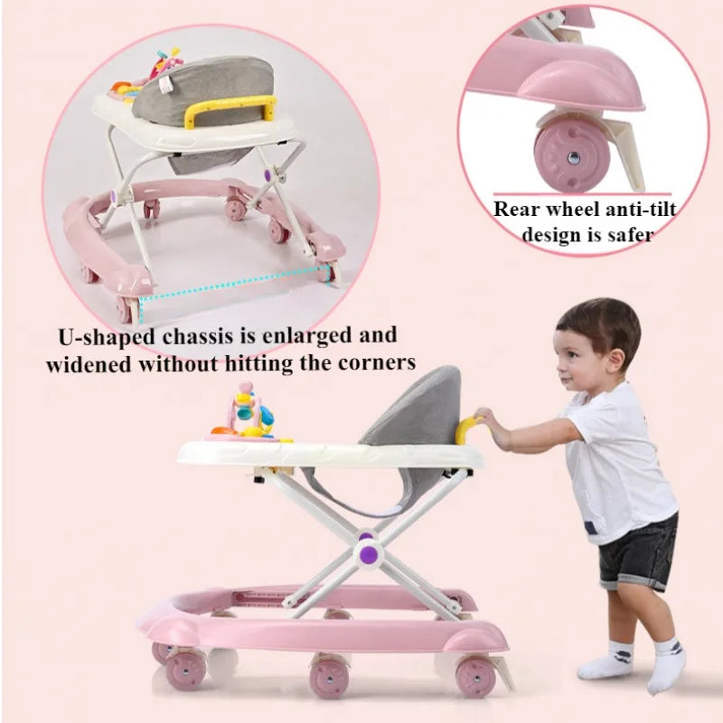 Musical Baby Walker with Spinning Toy Tray, Rear Push Handle and Foldable Frame, Three Height Positions in Pink, Green or Blue for Supervised Indoor Use