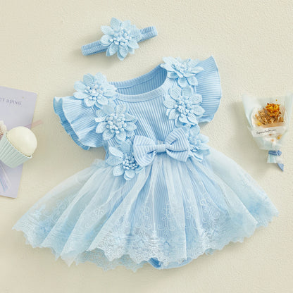 Flower Applique Baby Girl Romper Dress with Headband, Lace Mesh Skirt and Waist Bow, Cotton Blend Summer Occasion Outfit for 0-18 Months