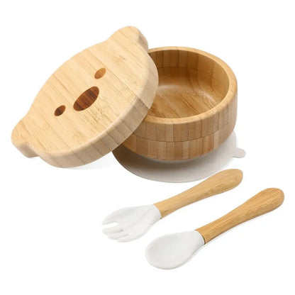 Bamboo Baby Tableware Set with Animal Plate Designs, Bowl, Cup and Wooden-Handle Utensil Options for Supervised Infant and Toddler Mealtimes