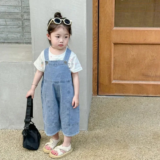 Toddler Denim Bib Overalls for Boys and Girls, Blue Wide Leg Dungarees with Button Shoulder Straps, Sizes 12M-6T for Everyday Layering