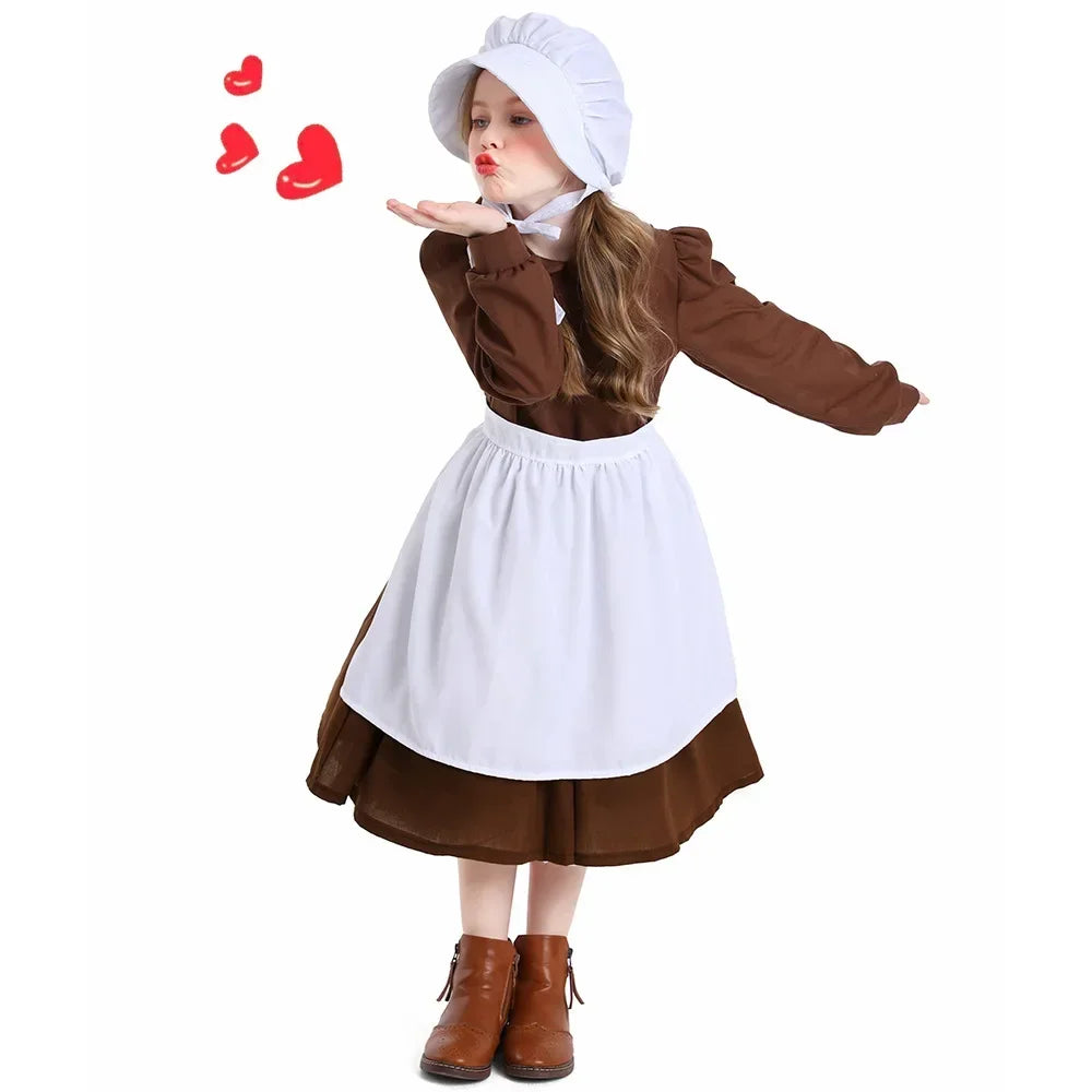 Girls Pioneer Prairie Costume Dress with Apron and Bonnet Options for Colonial School Plays, Historical Dress-Up and Halloween Events
