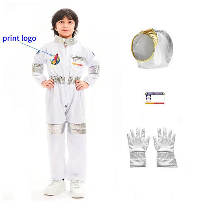 Space Explorer Costume for Kids with White Astronaut Jumpsuit, Space-Themed Patches and Metallic Trim Options for Halloween and Birthday Parties
