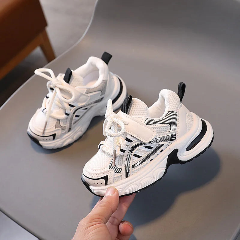 Children Mesh Sports Sneakers with Layered Panels, Lace and Strap Styling for Boys and Girls, Casual Spring and Fall Shoes in Red, Khaki or Black