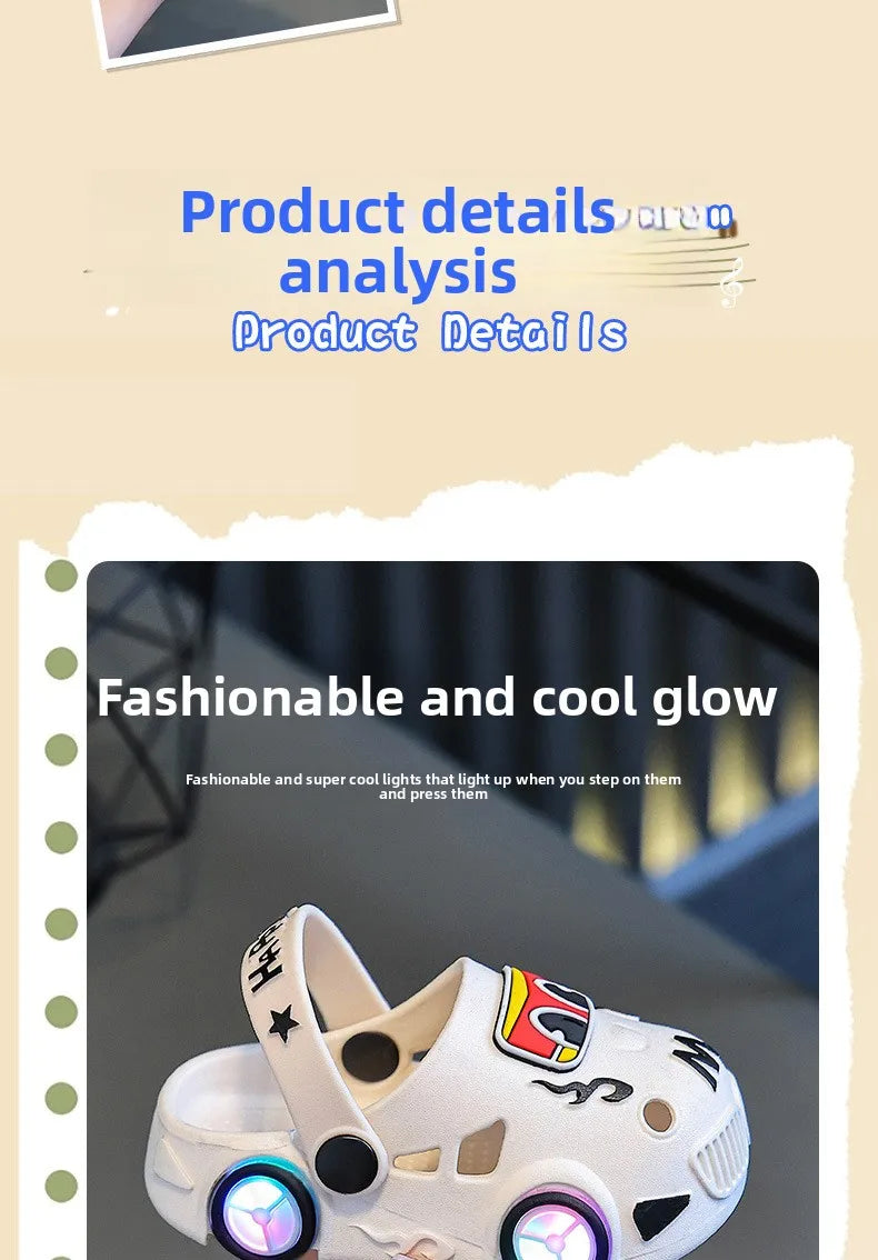 Kids Light-Up Car Clogs with Glowing Wheel Details, Ventilated Closed-Toe Design and Pivoting Heel Strap for Playful Summer Casual Outfits
