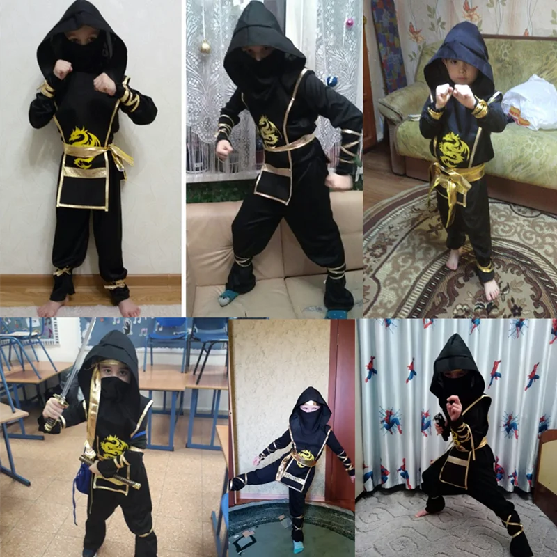Kids Ninja Dress-Up Costume with Hooded Top, Pants and Toy Accessories, Polyester Halloween Party Outfit for Pretend Play, Sizes S-XL