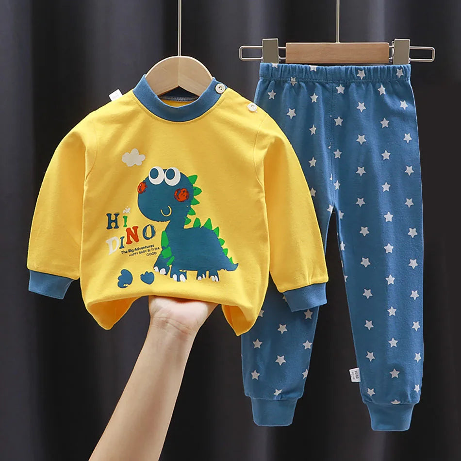 Dinosaur Print Kids Cotton Two-Piece Set with Long Sleeve Top and Matching Cuffed Pants, Unisex Baby and Toddler Outfit in Sizes 73-130