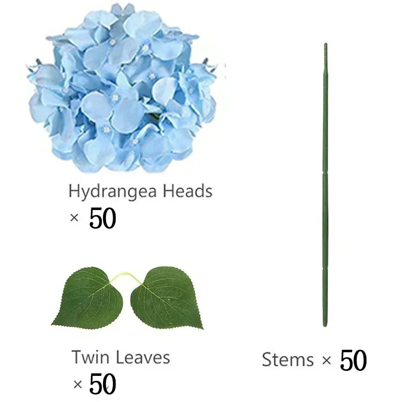 Artificial Hydrangea Flower Heads, 50-Piece Silk-Fabric Floral Set with Stem or Leaf Options for DIY Wedding Centerpieces, Baby Showers and Home Decor