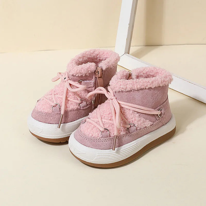 Toddler Plush Ankle Boots with Lace-Up Front, Rubber Soles and Fluffy Trim for Boys and Girls, Beige Black or Pink Cool-Weather Shoes