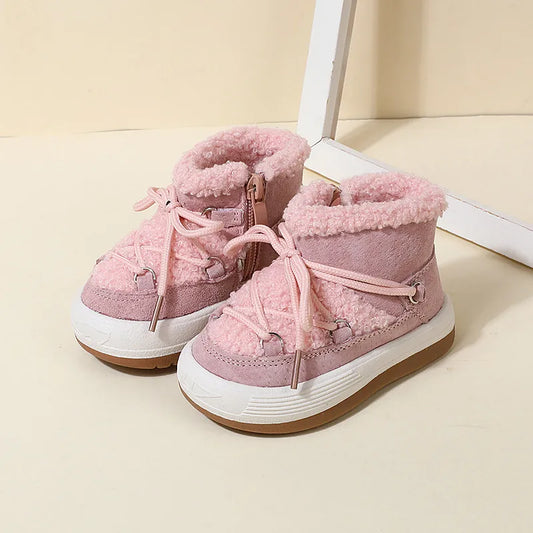 Toddler Plush Ankle Boots with Lace-Up Front, Rubber Soles and Fluffy Trim for Boys and Girls, Beige Black or Pink Cool-Weather Shoes