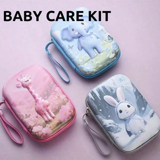 Baby Grooming Kit with Cartoon Animal Travel Case, 12-Piece Care Set with Nail Clippers, Hair Brush, Comb and Organizer in Blue, Grey or Pink
