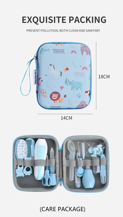 Baby Care Travel Organizer Kit, 20-Piece Grooming Set with Electric Nail Trimmer, Hair Brush, Comb and Animal-Print EVA Case in Blue or Pink