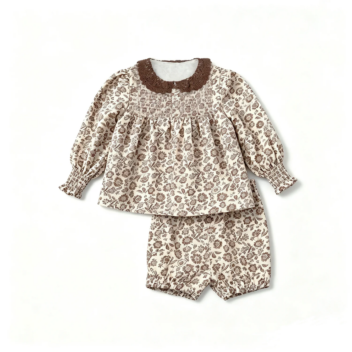 Brown Floral Sibling Matching Outfits with Cotton Girls Dresses and Baby Bloomer Sets, Coordinating Cardigans and Plaid Boys Pants or Overall Shorts