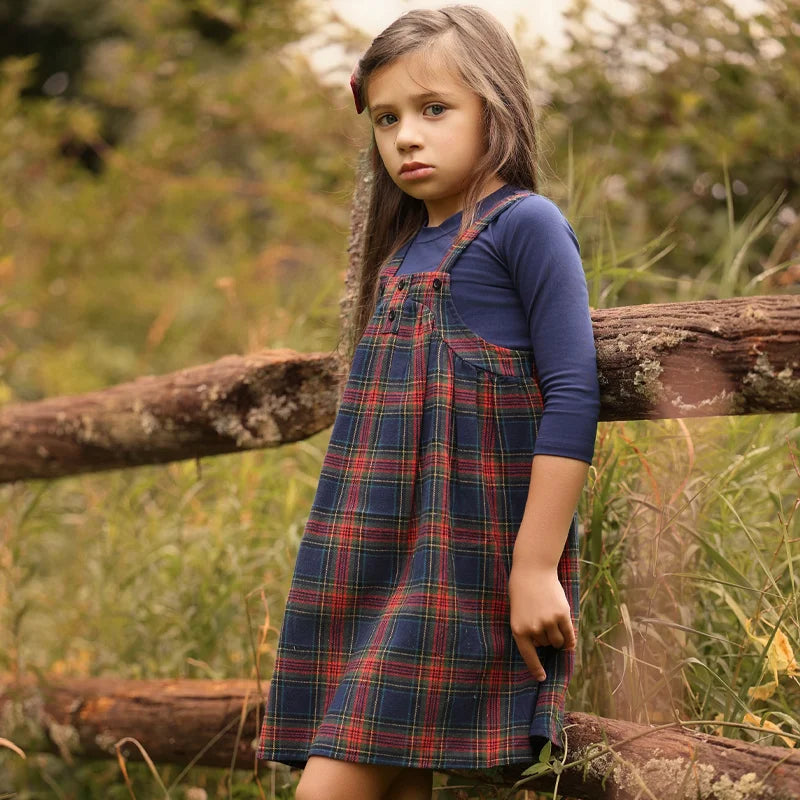 Navy Tartan Sibling Matching Outfits, 100% Cotton Plaid Jumper Dresses, Teen Skirts, Baby Rompers and Coordinating Boys and Girls Tops