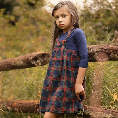 Navy Tartan Sibling Matching Outfits, 100% Cotton Plaid Jumper Dresses, Teen Skirts, Baby Rompers and Coordinating Boys and Girls Tops