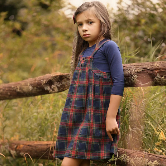 Navy Tartan Sibling Matching Outfits, 100% Cotton Plaid Jumper Dresses, Teen Skirts, Baby Rompers and Coordinating Boys and Girls Tops